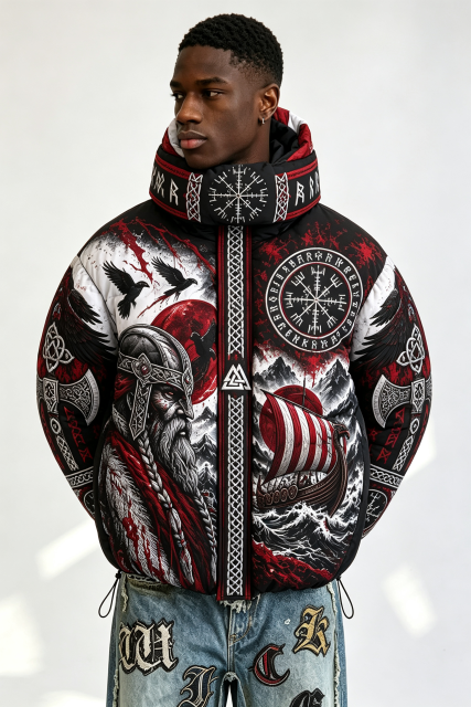 Custom Men Viking Norse Graphic Hooded Puffer Jacket, Rune Compass Print Winter Streetwear Oversized Padded Coat