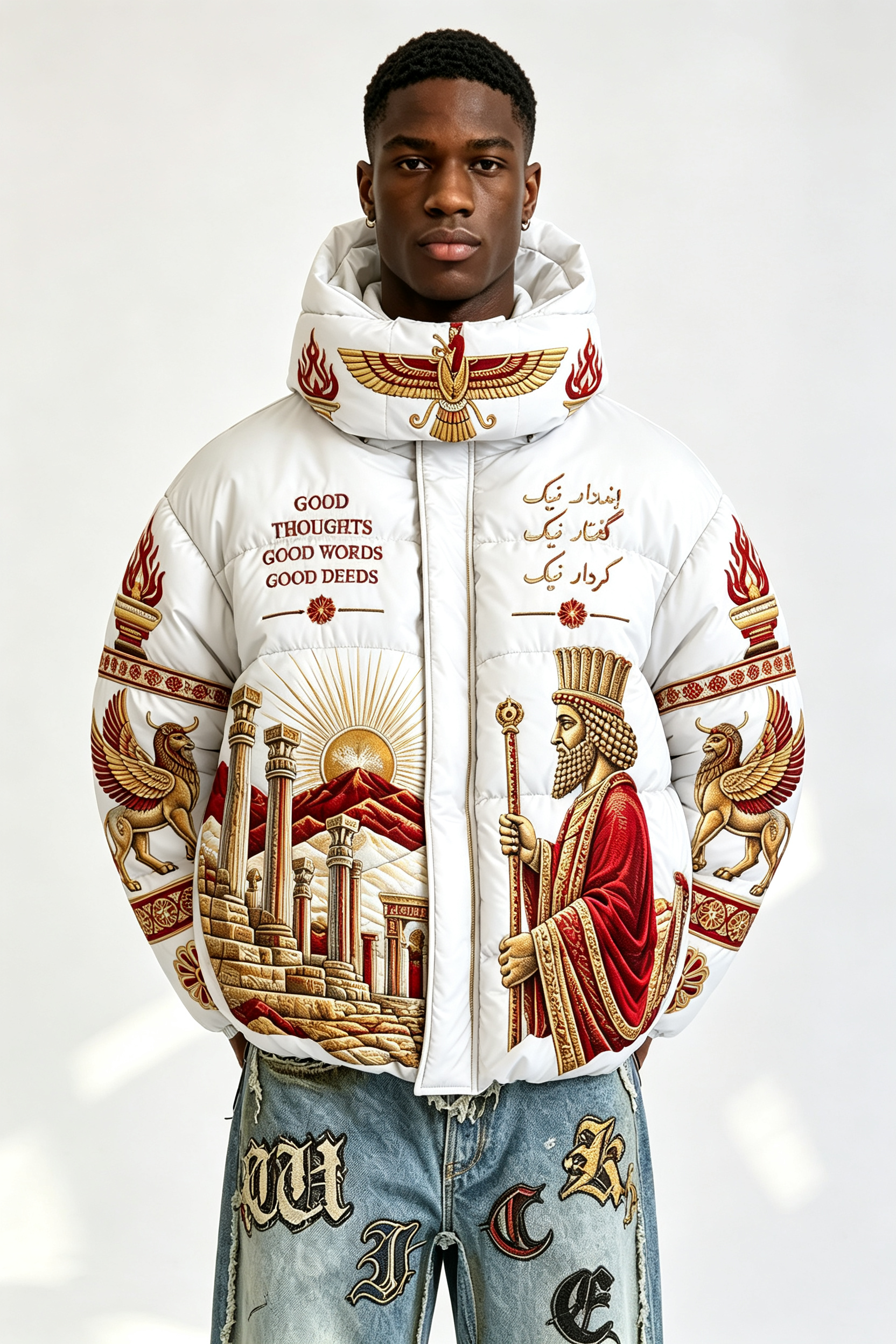 Custom Men Persian Ancient Civilization Print Hooded Puffer Jacket, King & Winged Beast Graphic Oversized Winter Padded Coat