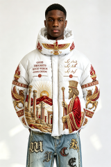 Custom Men Persian Ancient Civilization Print Hooded Puffer Jacket, King & Winged Beast Graphic Oversized Winter Padded Coat