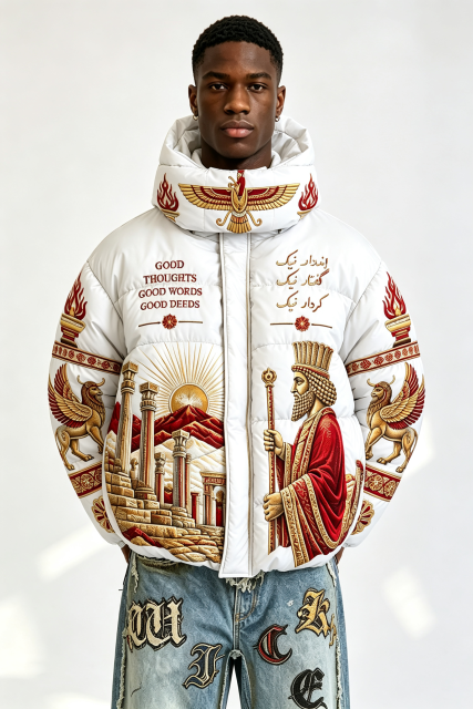 Custom Men Persian Ancient Civilization Print Hooded Puffer Jacket, King & Winged Beast Graphic Oversized Winter Padded Coat