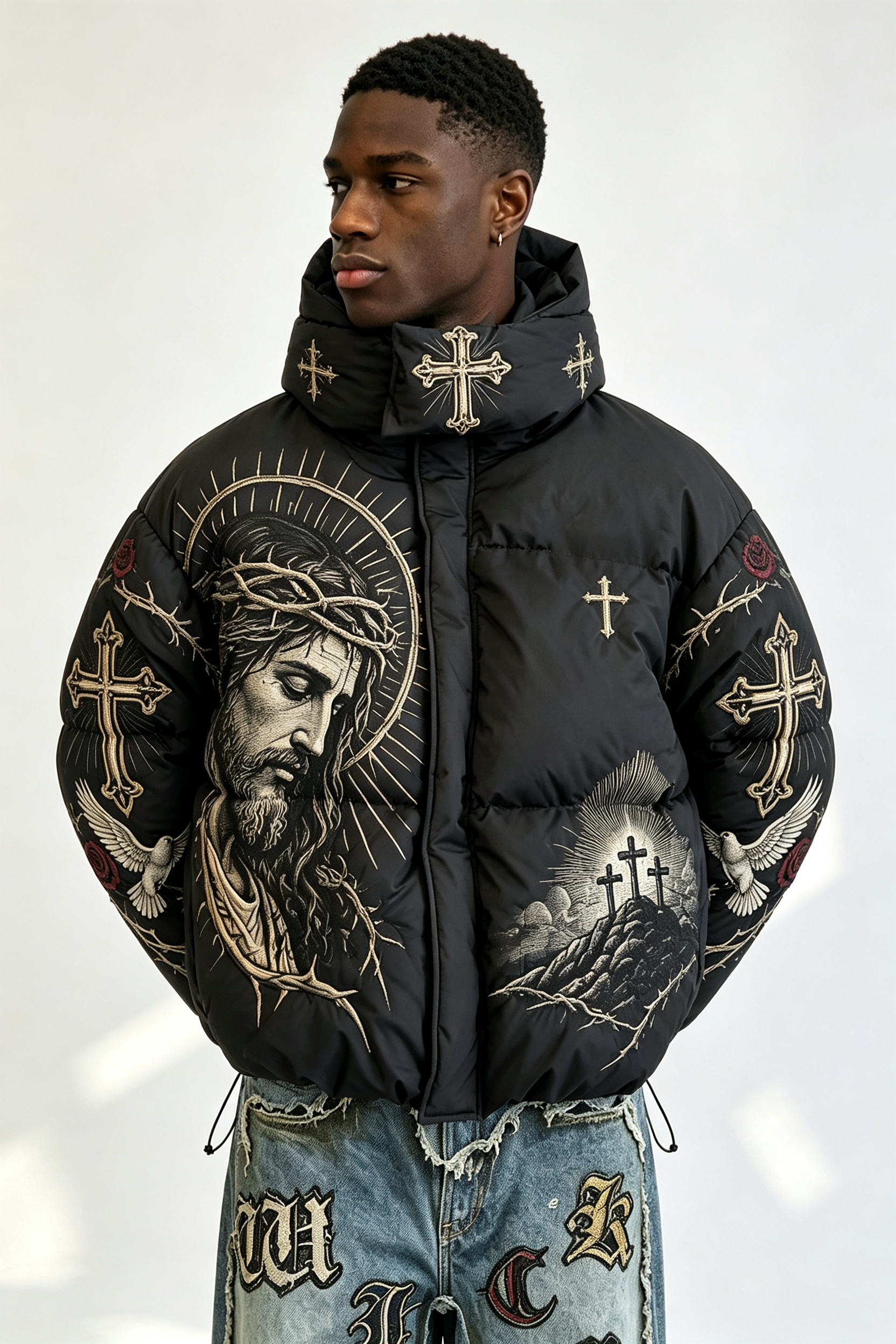 Custom Men Religious Gothic Cross Rose Hooded Puffer Jacket, Jesus Graphic Embroidery Winter Streetwear Oversized Padded Coat
