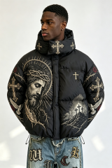 Custom Men Religious Gothic Cross Rose Hooded Puffer Jacket, Jesus Graphic Embroidery Winter Streetwear Oversized Padded Coat