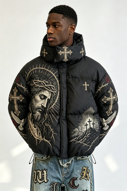 Custom Men Religious Gothic Cross Rose Hooded Puffer Jacket, Jesus Graphic Embroidery Winter Streetwear Oversized Padded Coat