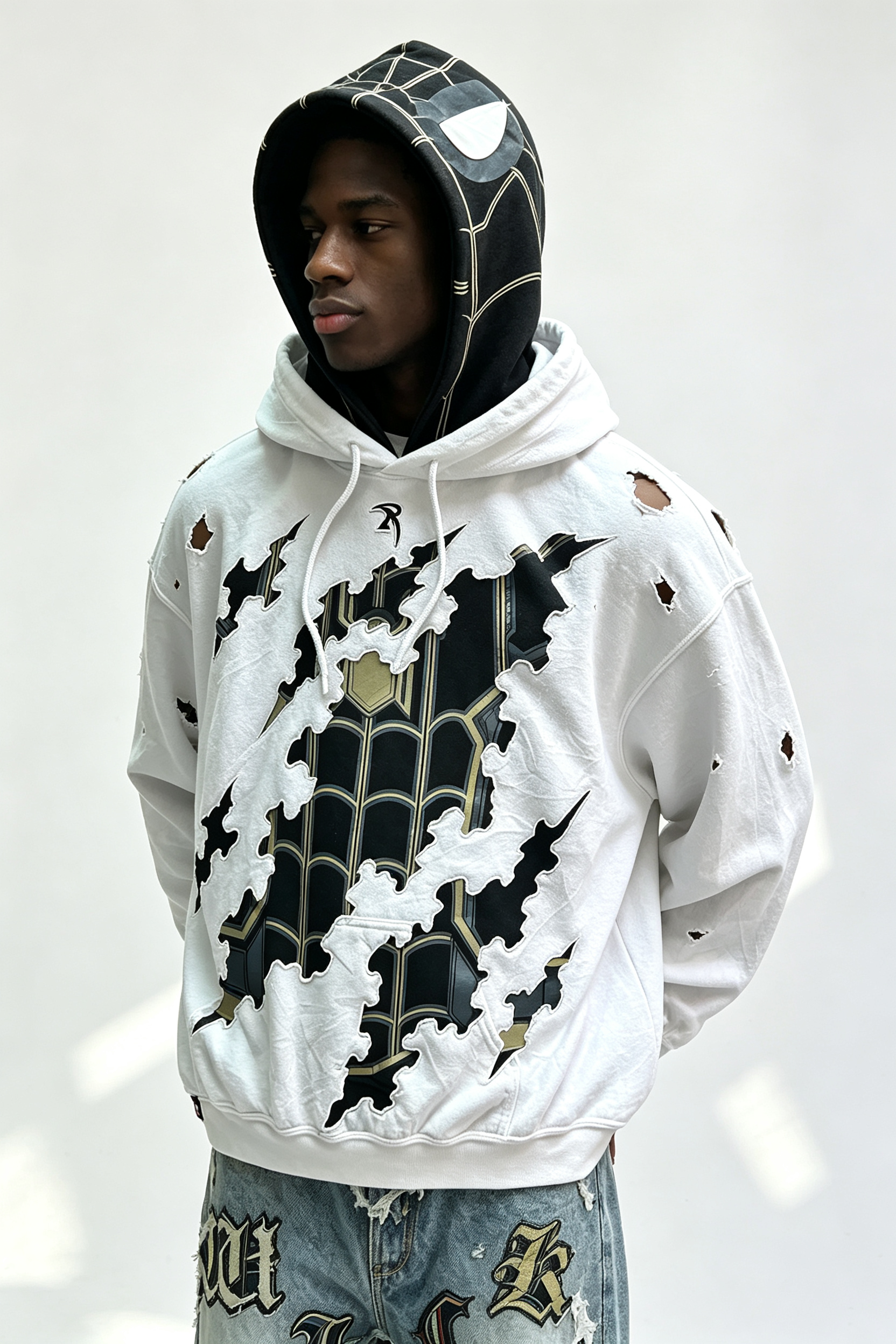 Custom Men Double Layer Spider Graphic Distressed Hoodie, Ripped Cutout Streetwear Oversized Pullover Hooded Sweatshirt