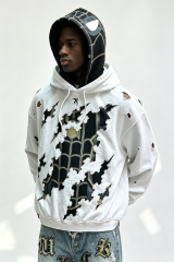 Custom Men Double Layer Spider Graphic Distressed Hoodie, Ripped Cutout Streetwear Oversized Pullover Hooded Sweatshirt