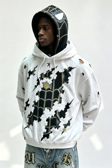 Custom Men Double Layer Spider Graphic Distressed Hoodie, Ripped Cutout Streetwear Oversized Pullover Hooded Sweatshirt