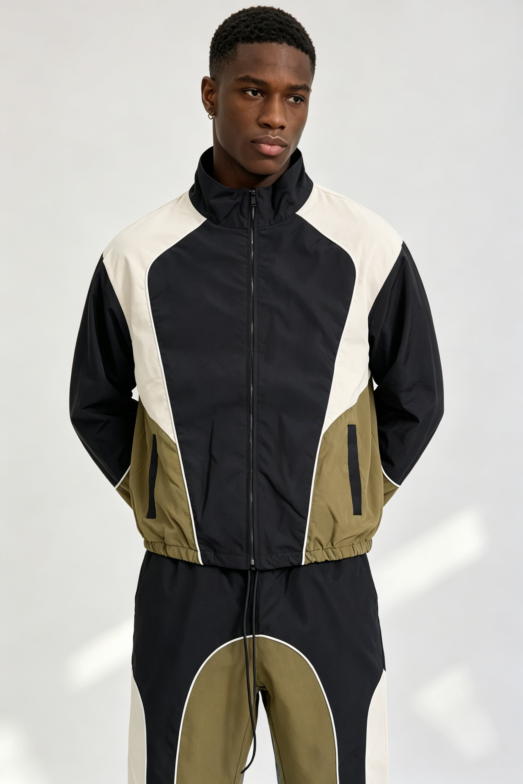 Custom Men Color Block Tracksuit Set, Retro Panel Windbreaker Jacket & Flare Pants 2 Piece Streetwear Outfit