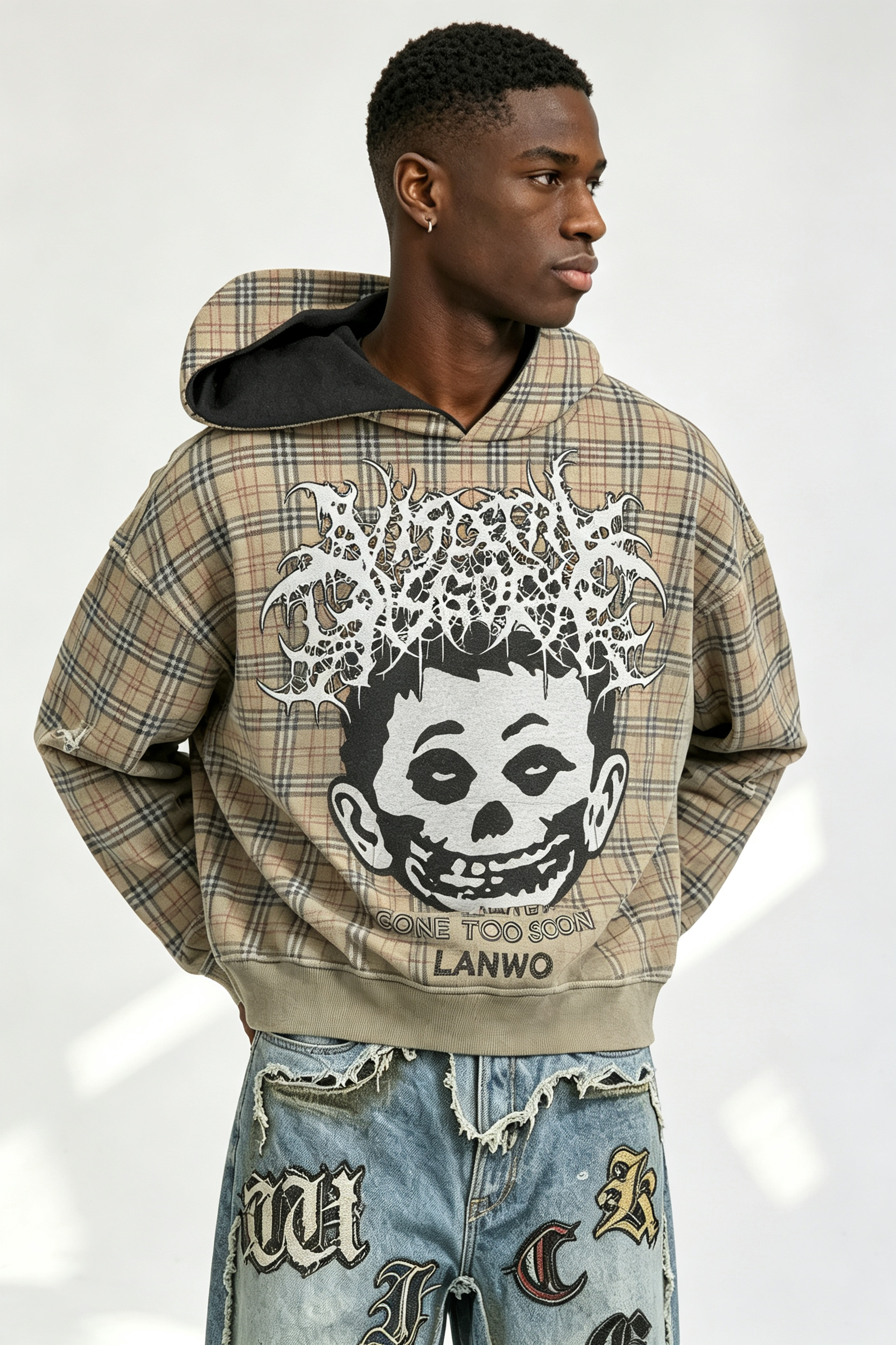Custom Men Plaid Gothic Skull Portrait Hoodie, Contrast Lining Heavy Fleece Cropped Oversized Streetwear Pullover Sweatshirt