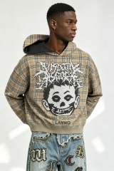 Custom Men Plaid Gothic Skull Portrait Hoodie, Contrast Lining Heavy Fleece Cropped Oversized Streetwear Pullover Sweatshirt