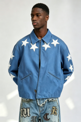 Custom Men Blue Twill Star Applique Zip Jacket, White Star Leather Patch Cropped Boxy Streetwear Coach Jacket