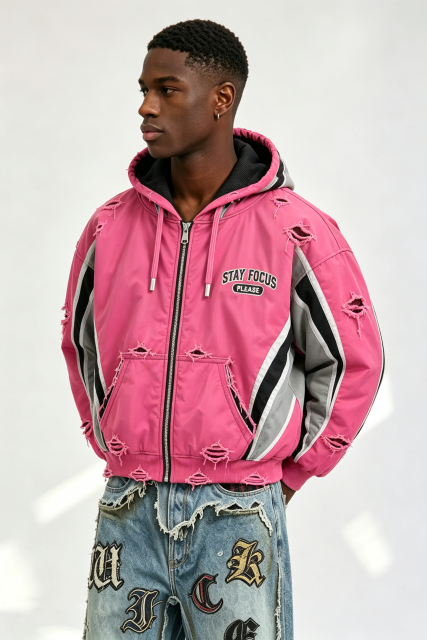Custom Men Pink Color Block Destroyed Hooded Bomber Jacket, Frayed Ripped Streetwear Zip Up Cropped Padded Coat