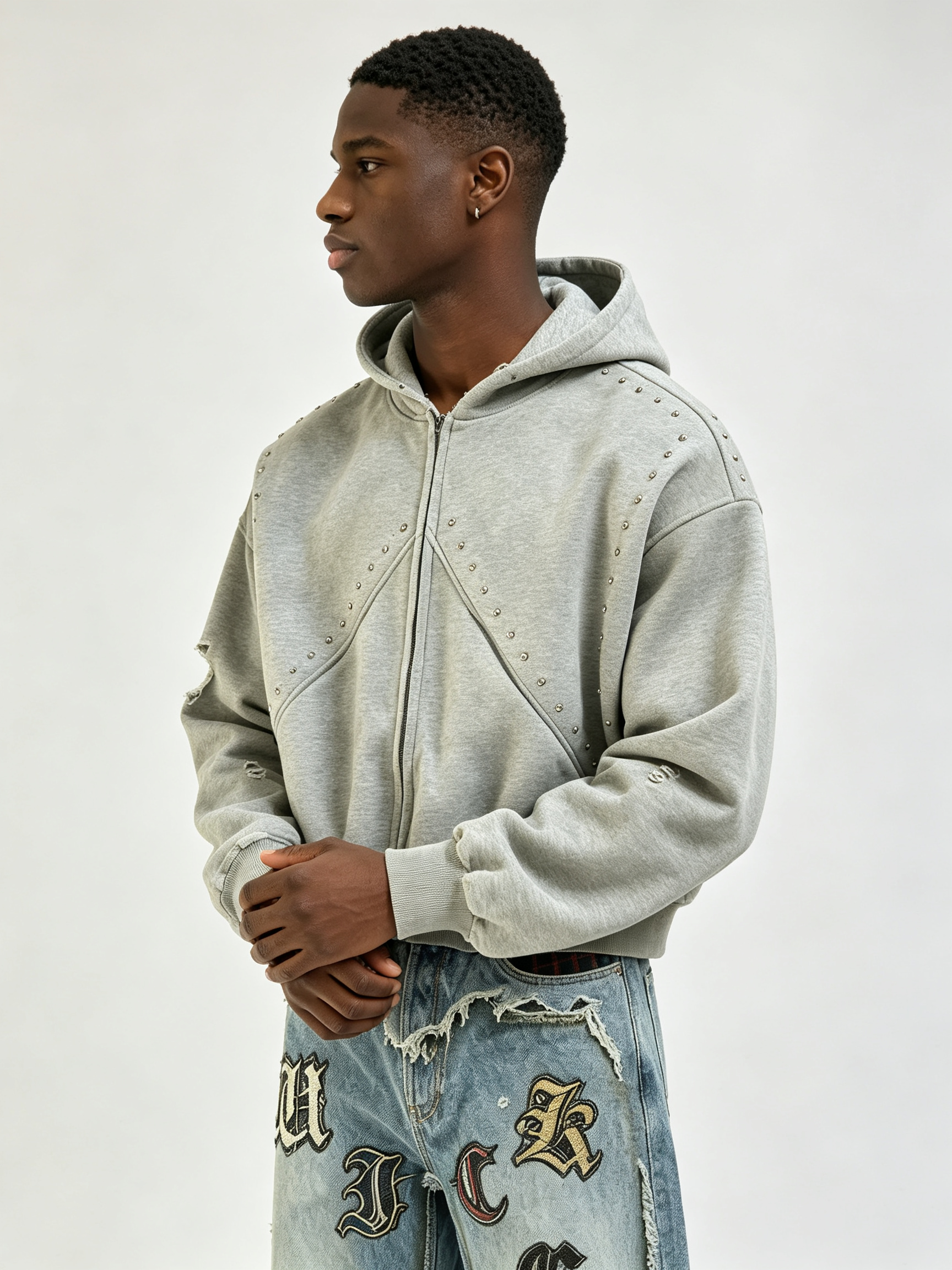 Custom Men Grey Studded Zip Up Hoodie, Metal Rivet Decor Heavy Fleece Cropped Oversized Streetwear Jacket