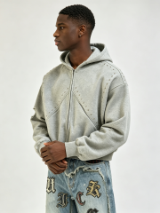 Custom Men Grey Studded Zip Up Hoodie, Metal Rivet Decor Heavy Fleece Cropped Oversized Streetwear Jacket