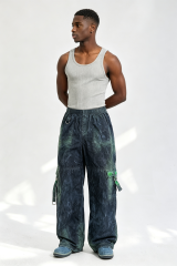 Custom Men Vintage Acid Wash Wide Leg Cargo Pants, Gradient Green Crinkle Fabric Multi-Pocket Streetwear Trousers