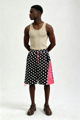 Custom Men Polka Dot Streetwear Shorts, Contrast Pink Cargo Panel Loose Fit Casual Shorts
