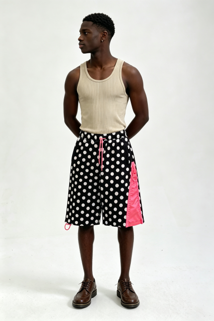 Custom Men Polka Dot Streetwear Shorts, Contrast Pink Cargo Panel Loose Fit Casual Shorts