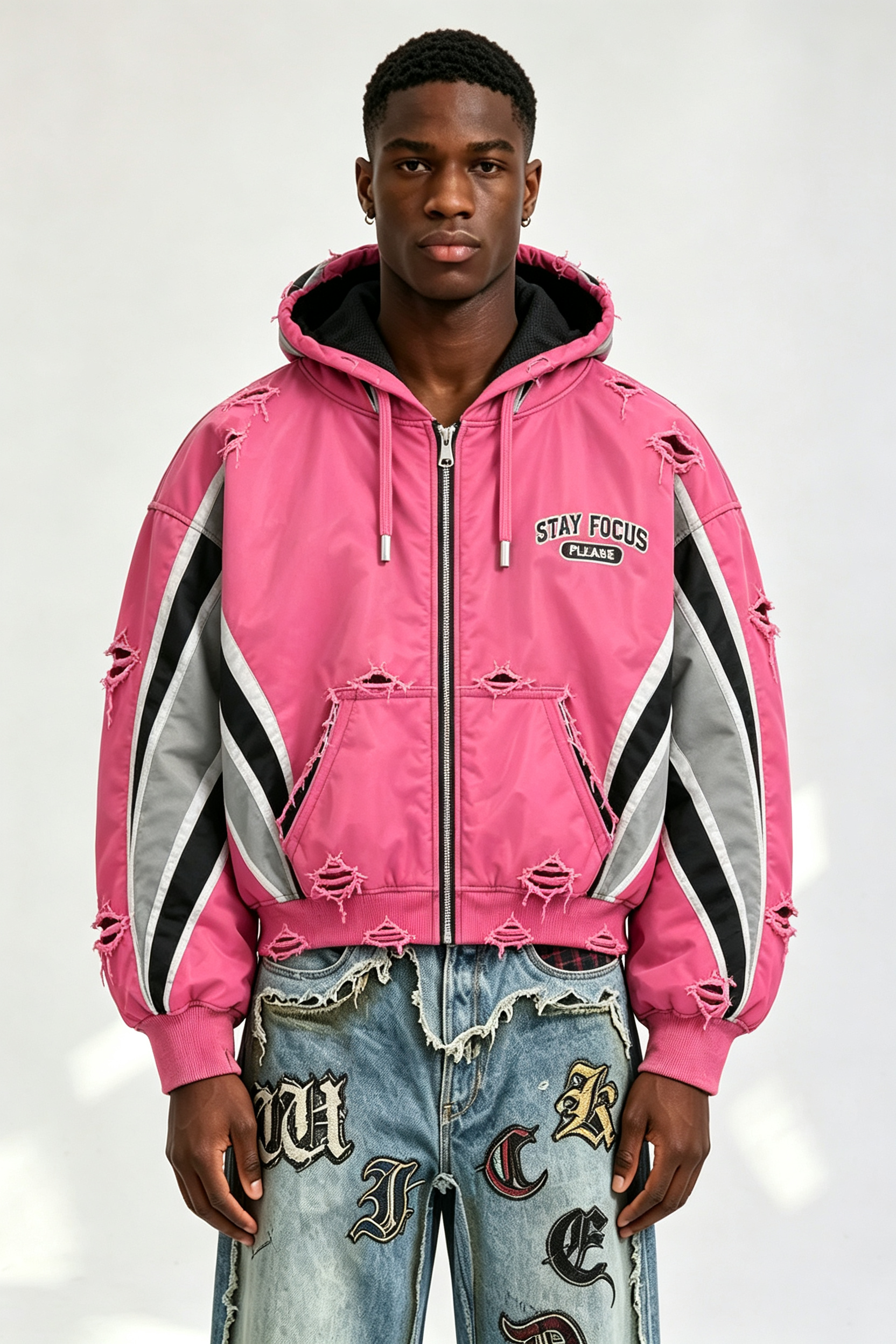 Custom Men Pink Color Block Destroyed Hooded Bomber Jacket, Frayed Ripped Streetwear Zip Up Cropped Padded Coat