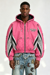 Custom Men Pink Color Block Destroyed Hooded Bomber Jacket, Frayed Ripped Streetwear Zip Up Cropped Padded Coat