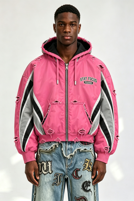 Custom Men Pink Color Block Destroyed Hooded Bomber Jacket, Frayed Ripped Streetwear Zip Up Cropped Padded Coat