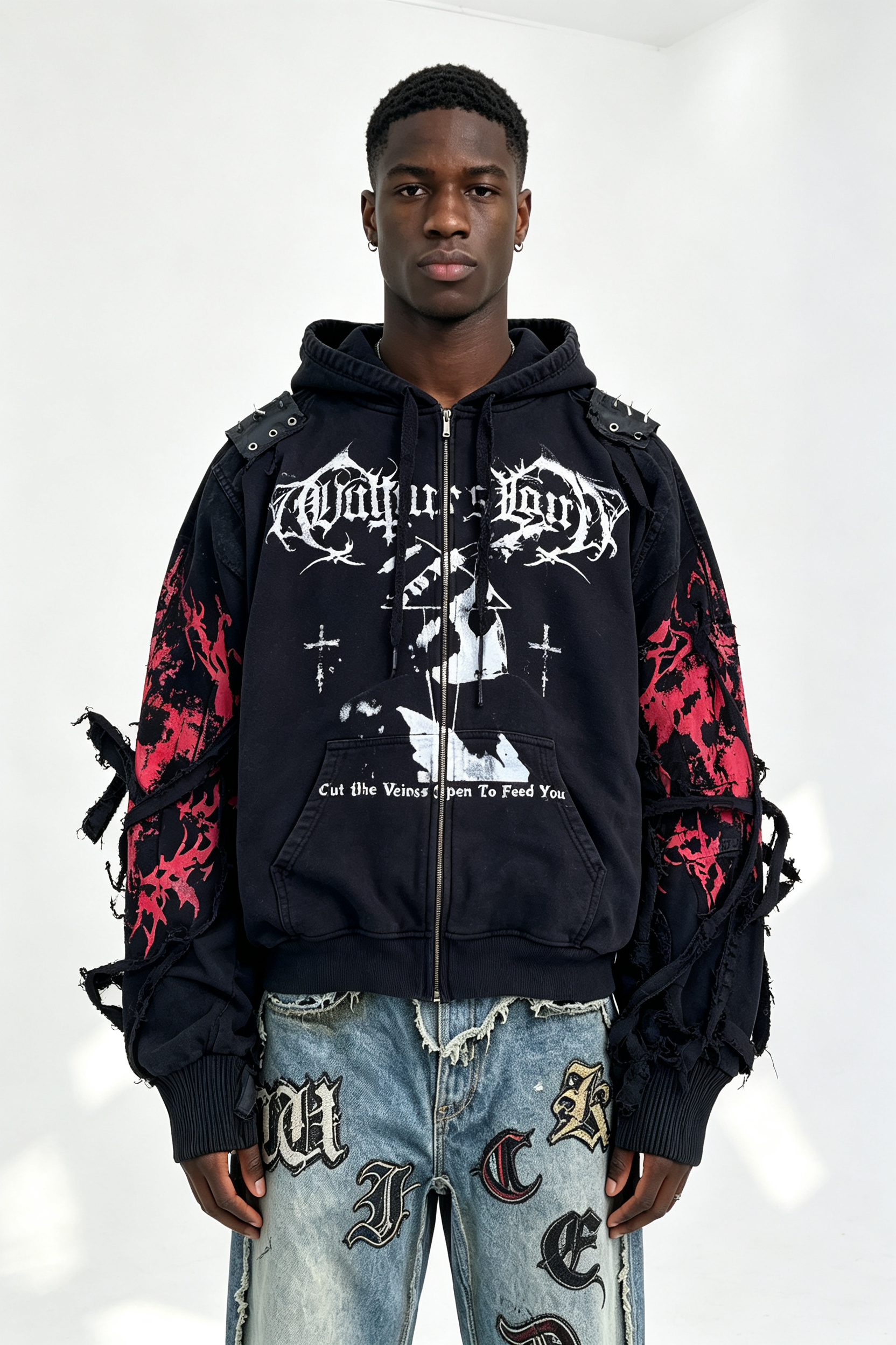 Custom Men Gothic Distressed Zip Up Hoodie, Spike Shoulder Strap Frayed Ribbon Dark Punk Streetwear Hooded Jacket