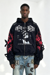 Custom Men Gothic Distressed Zip Up Hoodie, Spike Shoulder Strap Frayed Ribbon Dark Punk Streetwear Hooded Jacket