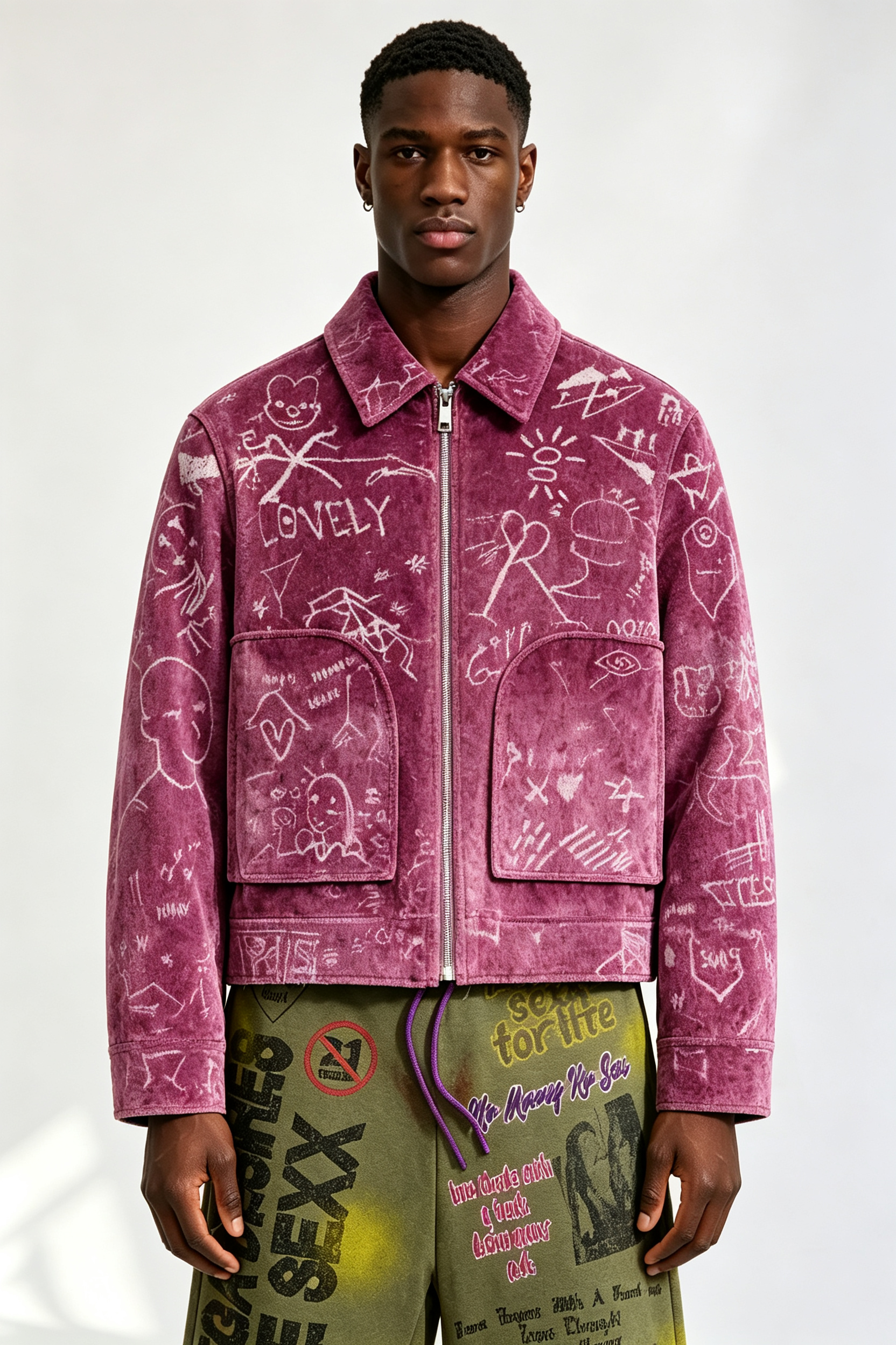 Custom Men Purple Velvet Graffiti Sketch Zip Jacket, Lapel Collar Cropped Streetwear Velour Coat