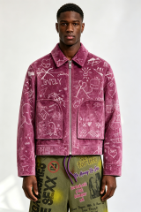 Custom Men Purple Velvet Graffiti Sketch Zip Jacket, Lapel Collar Cropped Streetwear Velour Coat