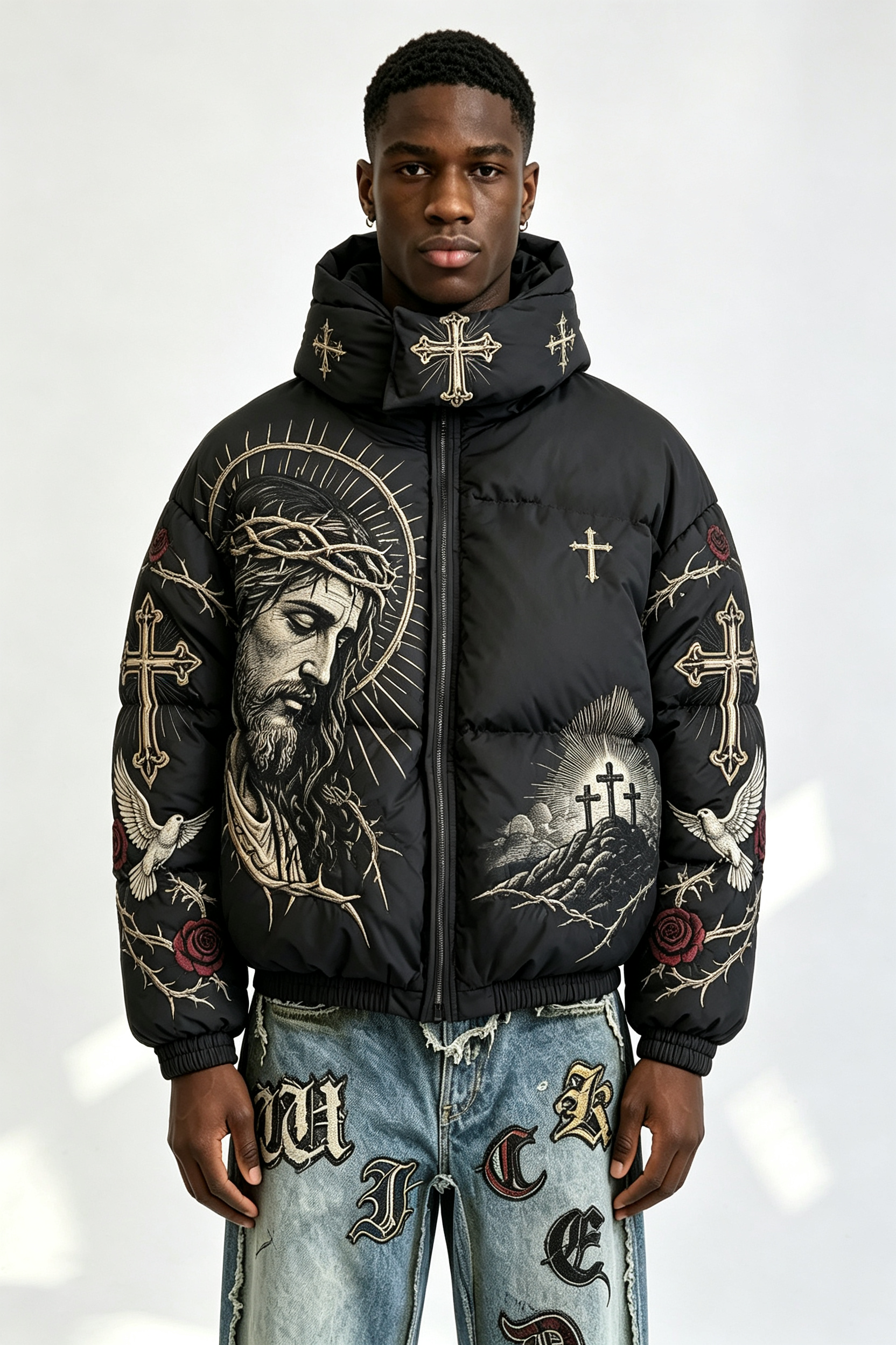Custom Men Religious Gothic Cross Rose Hooded Puffer Jacket, Jesus Graphic Embroidery Winter Streetwear Oversized Padded Coat