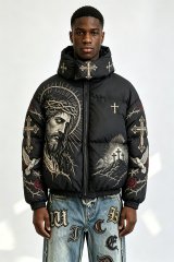 Custom Men Religious Gothic Cross Rose Hooded Puffer Jacket, Jesus Graphic Embroidery Winter Streetwear Oversized Padded Coat