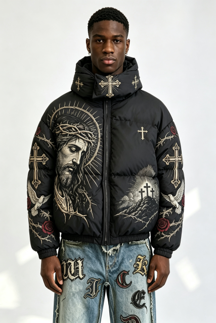 Custom Men Religious Gothic Cross Rose Hooded Puffer Jacket, Jesus Graphic Embroidery Winter Streetwear Oversized Padded Coat