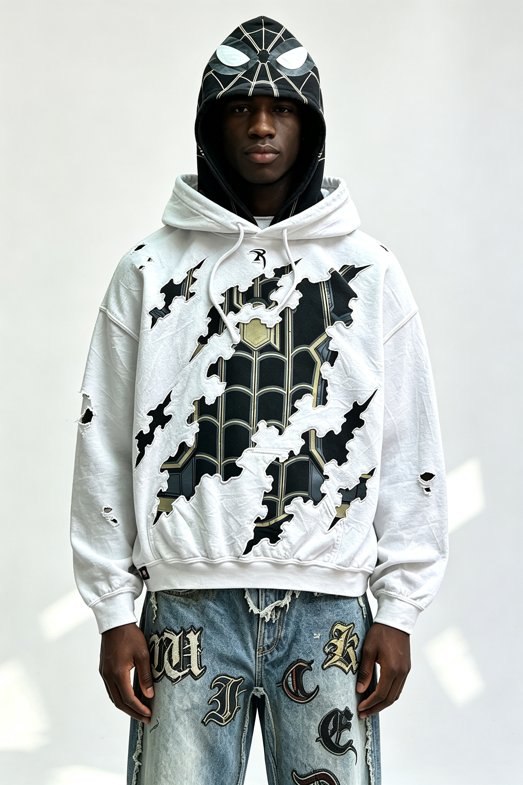 Custom Men Double Layer Spider Graphic Distressed Hoodie, Ripped Cutout Streetwear Oversized Pullover Hooded Sweatshirt