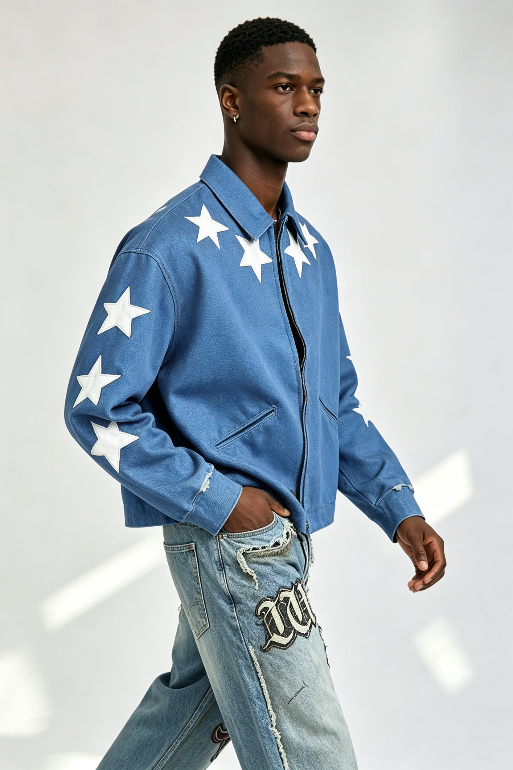 Custom Men Blue Twill Star Applique Zip Jacket, White Star Leather Patch Cropped Boxy Streetwear Coach Jacket