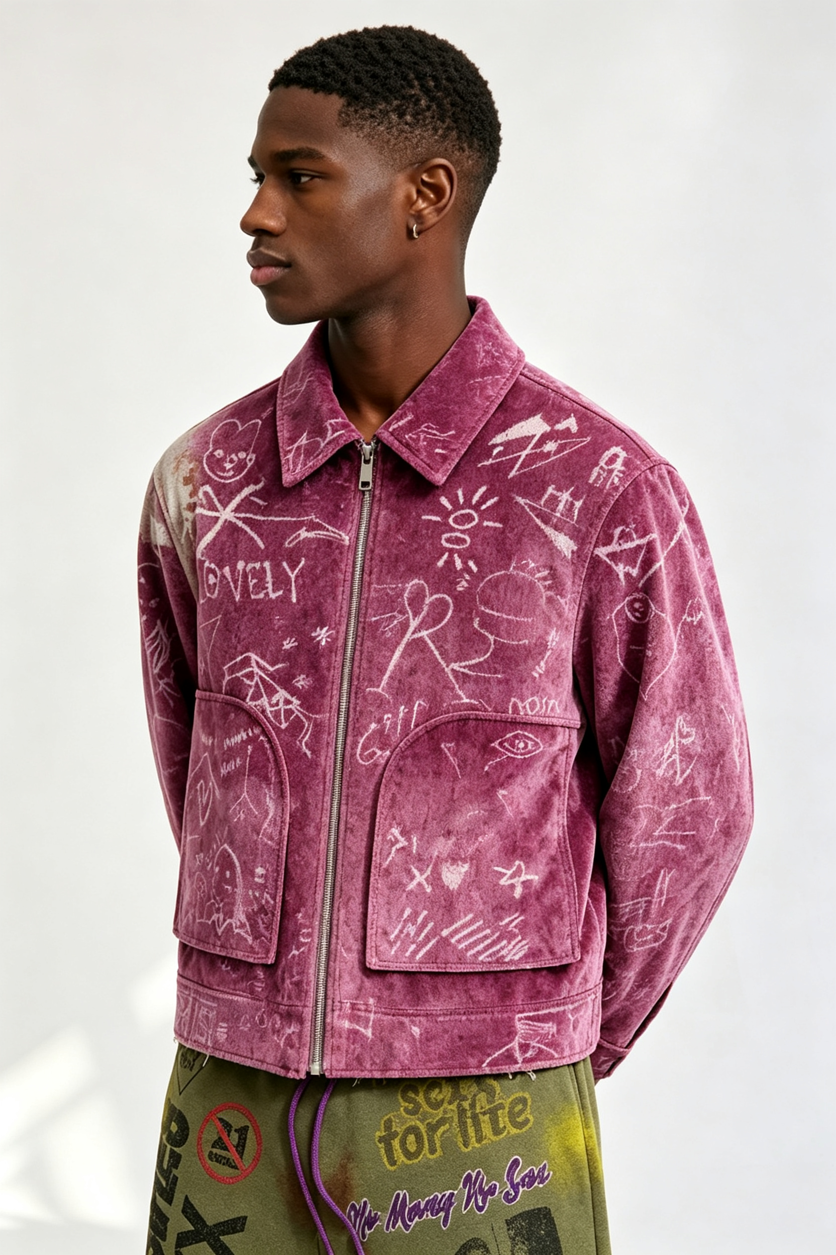 Custom Men Purple Velvet Graffiti Sketch Zip Jacket, Lapel Collar Cropped Streetwear Velour Coat
