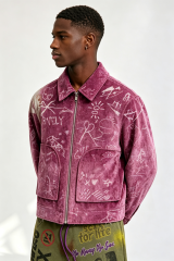 Custom Men Purple Velvet Graffiti Sketch Zip Jacket, Lapel Collar Cropped Streetwear Velour Coat