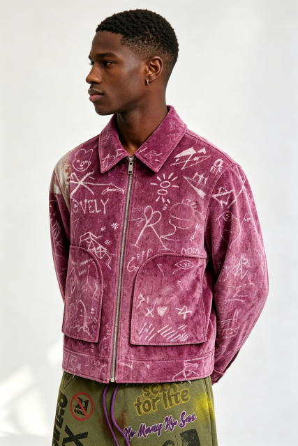 Custom Men Purple Velvet Graffiti Sketch Zip Jacket, Lapel Collar Cropped Streetwear Velour Coat