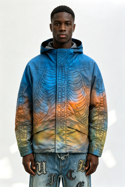 Custom Men Gradient Skeleton Embroidery Hooded Jacket, Tie Dye Skull Bones Streetwear Oversized Windbreaker