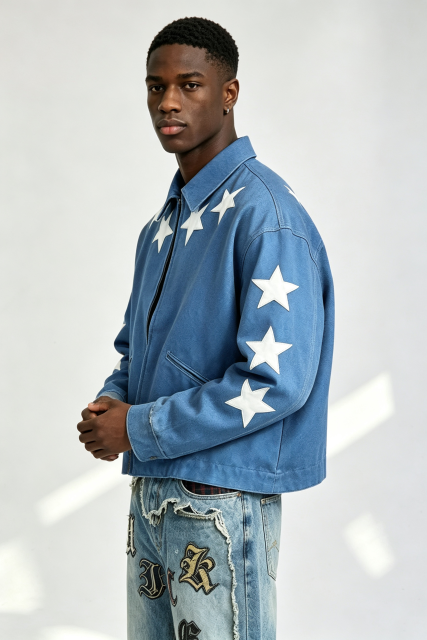 Custom Men Blue Twill Star Applique Zip Jacket, White Star Leather Patch Cropped Boxy Streetwear Coach Jacket