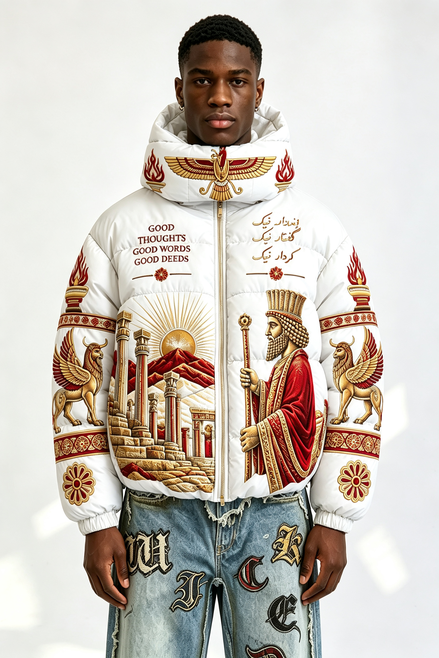 Custom Men Persian Ancient Civilization Print Hooded Puffer Jacket, King & Winged Beast Graphic Oversized Winter Padded Coat
