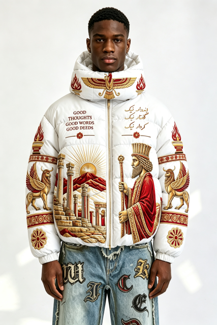 Custom Men Persian Ancient Civilization Print Hooded Puffer Jacket, King & Winged Beast Graphic Oversized Winter Padded Coat