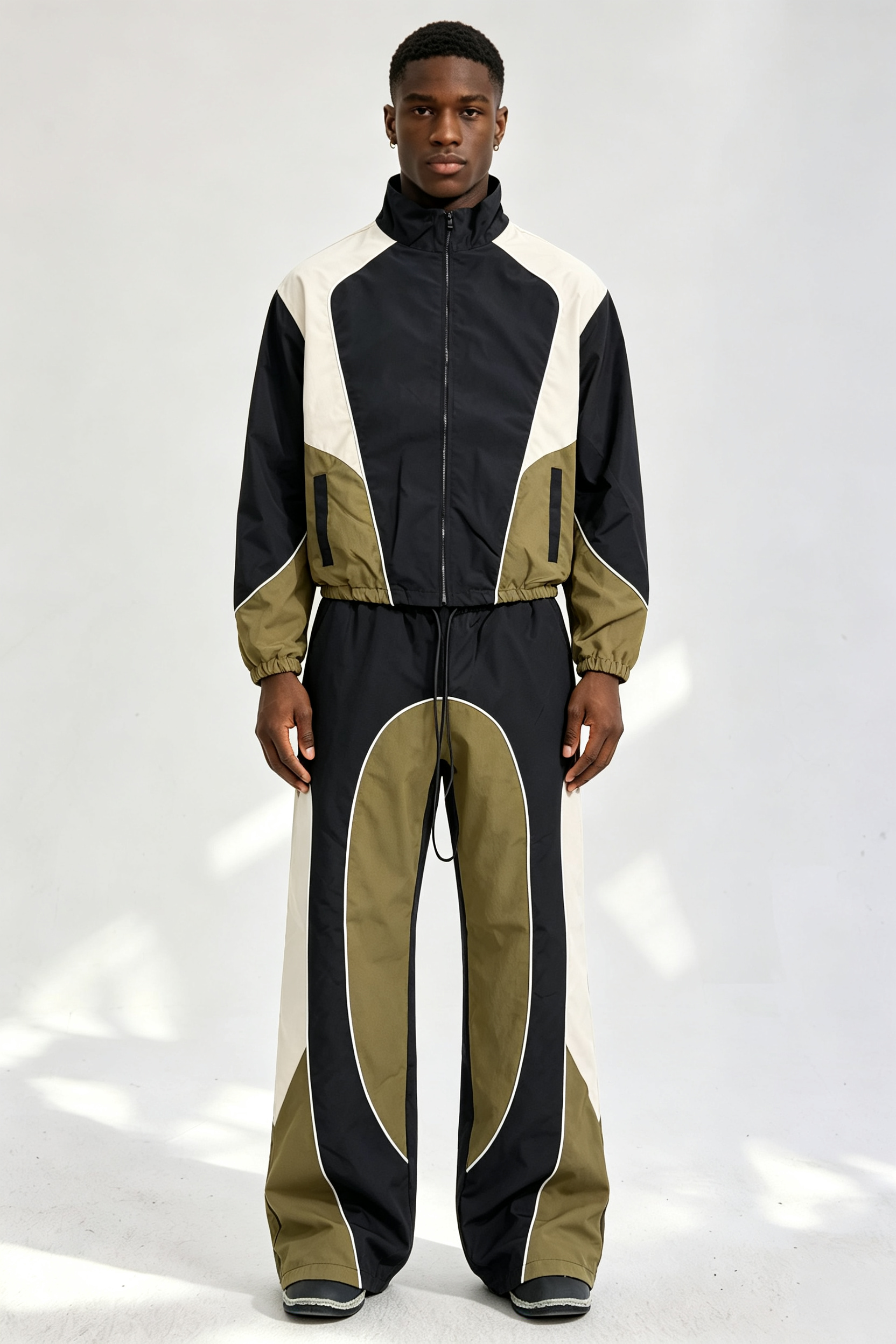 Custom Men Color Block Tracksuit Set, Retro Panel Windbreaker Jacket & Flare Pants 2 Piece Streetwear Outfit
