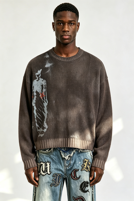 Custom Men Vintage Washed Crewneck Knit Sweater, Grunge Figure Print Distressed Streetwear Jumper