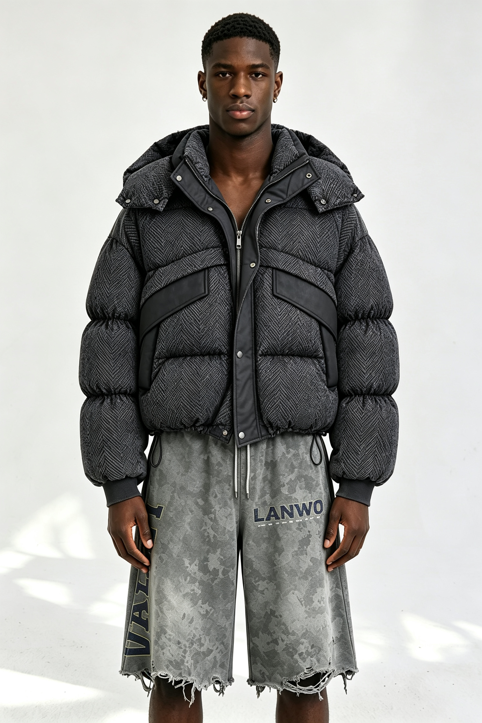 Custom Men Herringbone Hooded Puffer Jacket, Mixed Fabric Quilted Winter Streetwear Coat