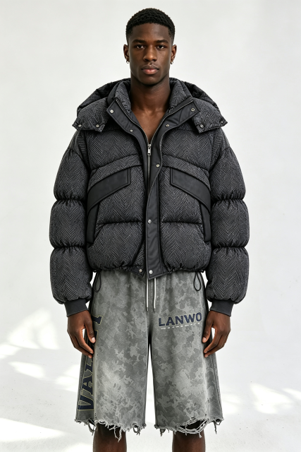 Custom Men Herringbone Hooded Puffer Jacket, Mixed Fabric Quilted Winter Streetwear Coat