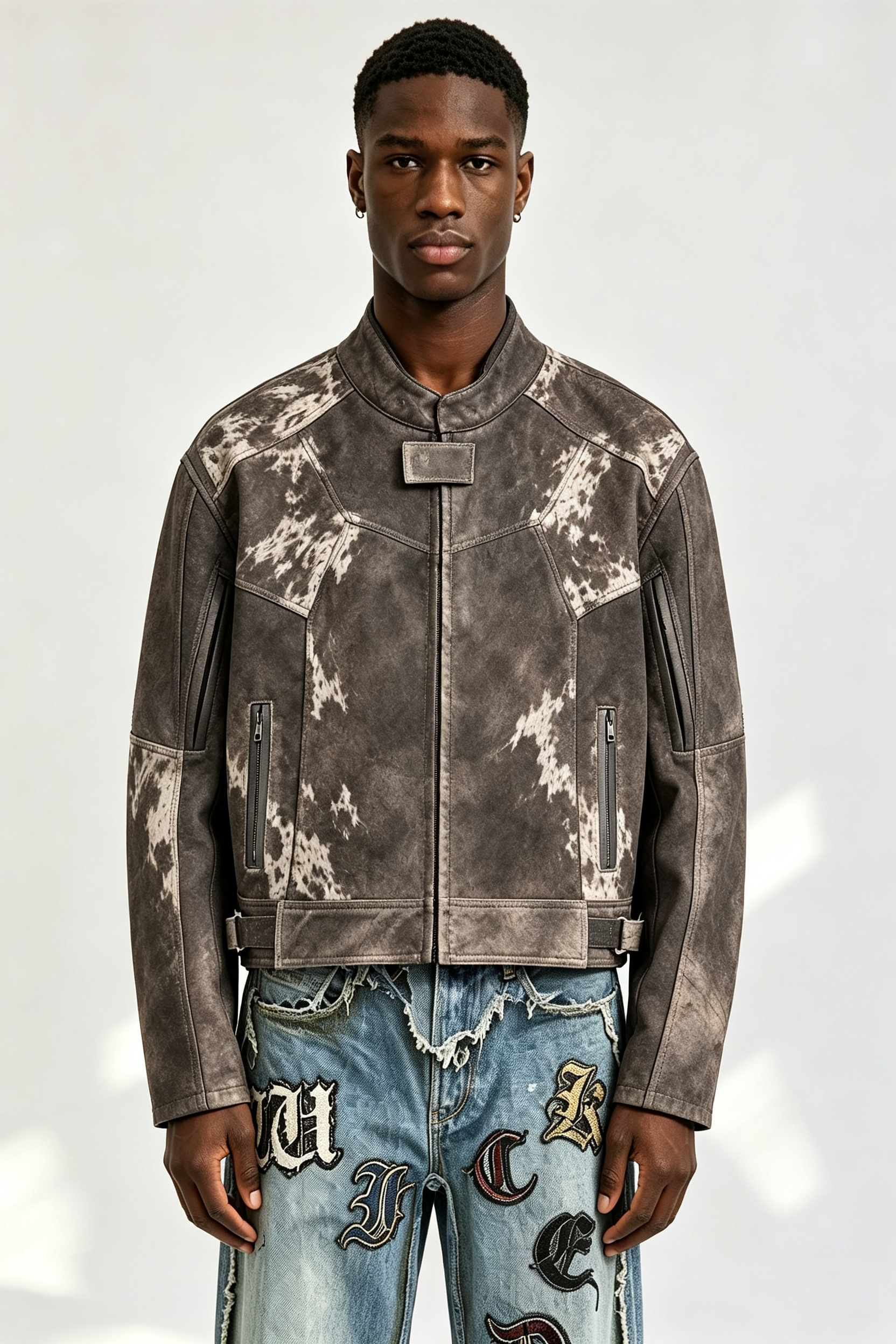 Custom Men Vintage Distressed Cow Print Faux Leather Moto Biker Jacket, Stand Collar Cropped Streetwear Jacket