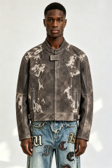 Custom Men Vintage Distressed Cow Print Faux Leather Moto Biker Jacket, Stand Collar Cropped Streetwear Jacket