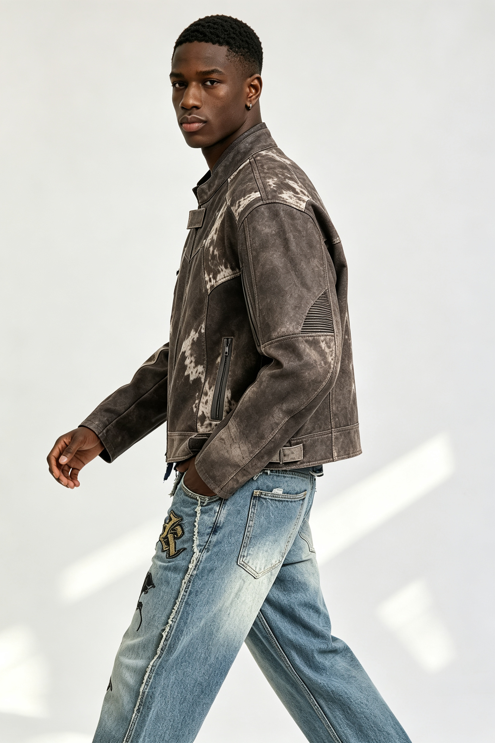 Custom Men Vintage Distressed Cow Print Faux Leather Moto Biker Jacket, Stand Collar Cropped Streetwear Jacket