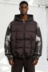 Custom Men Vintage Washed Spliced Hooded Puffer Jacket, Denim Patchwork Distressed Streetwear Winter Padded Coat