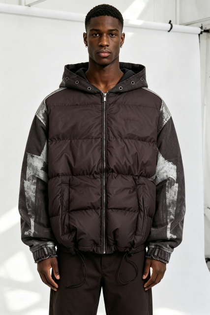 Custom Men Vintage Washed Spliced Hooded Puffer Jacket, Denim Patchwork Distressed Streetwear Winter Padded Coat