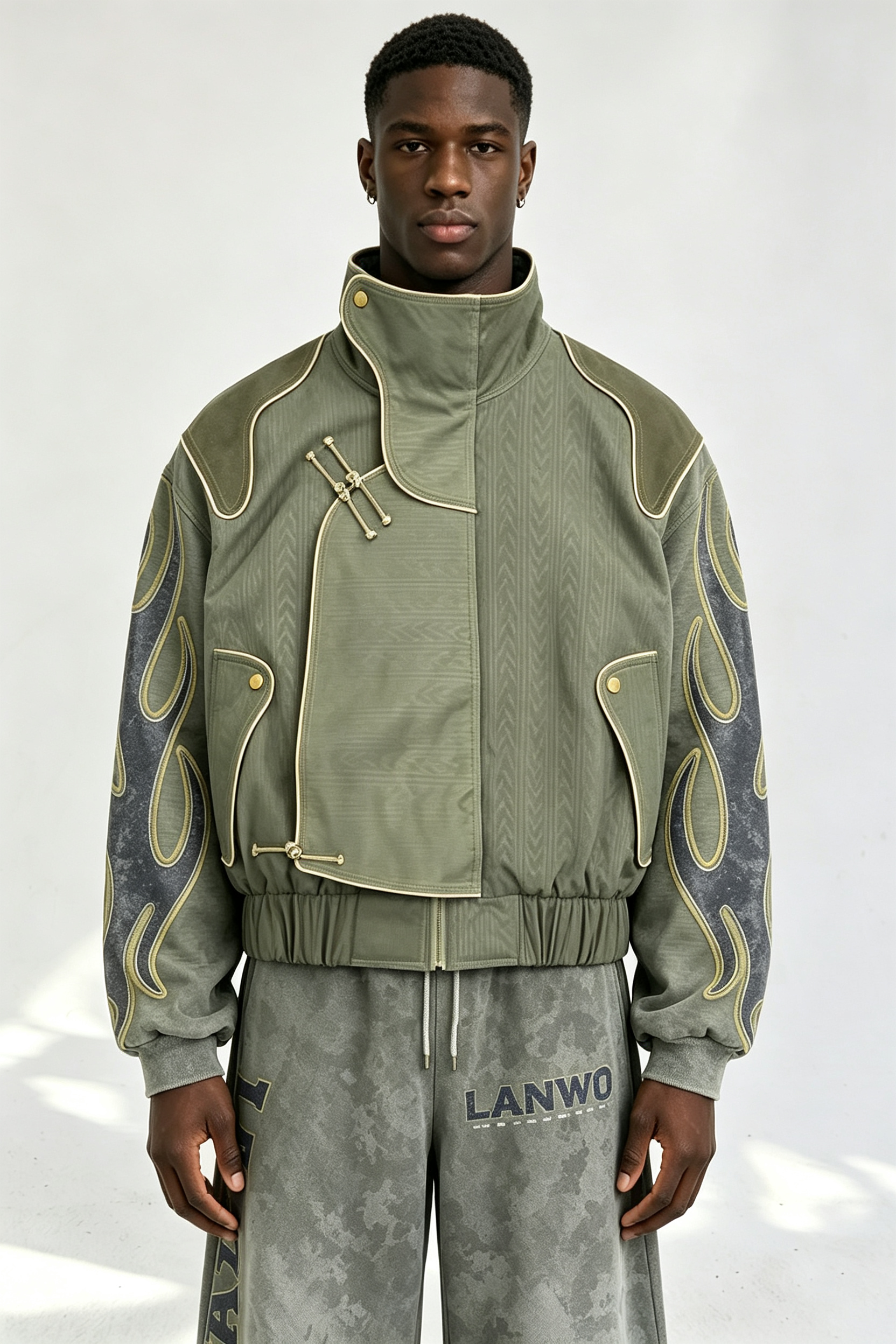 Custom Men Chinese Frog Button Stand Collar Jacket, Flame Print Sleeve Retro Streetwear Oversized Bomber