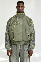 Custom Men Chinese Frog Button Stand Collar Jacket, Flame Print Sleeve Retro Streetwear Oversized Bomber